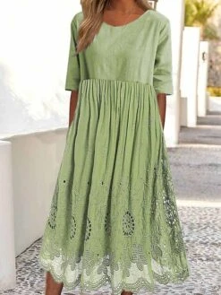Women's Casual Dress Cotton Linen Dress Swing Dress Midi Dress Cotton Blend Fashion Modern Outdoor Daily Crew Neck Lace Patchwork Half Sleeve Summer Spring Fall 2023 Loose Fit Green Plain S M L XL 2XL