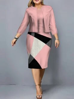 Women's Plus Size Curve Casual Dress Dress Set Two Piece Dress Geometric Plaid Midi Dress Long Sleeve Print Crew Neck Fashion Outdoor Black Pink Fall Winter L XL XXL 3XL 4XL -HAYz Clothing Shop jlcgwb1695808187369