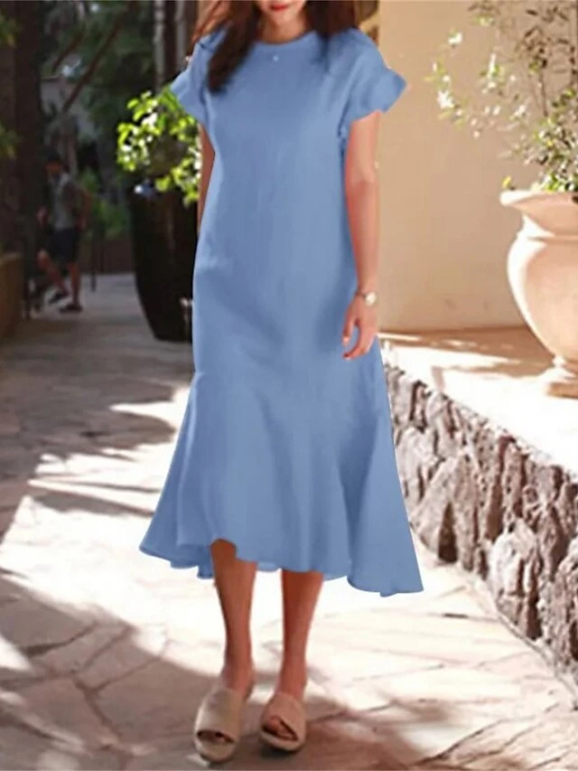 Women's Casual Dress Cotton Linen Dress Sheath Dress Midi Dress Cotton Blend Fashion Modern Outdoor Daily Vacation Crew Neck Ruffle Short Sleeve Summer Spring 2023 Loose Fit Black Pink Blue Plain S M 4 Women's Casual Dress Cotton Linen Dress Sheath Dress Midi Dress Cotton Blend Fashion Modern Outdoor Daily Vacation Crew Neck Ruffle Short Sleeve Summer Spring 2023 Loose Fit Black Pink Blue Plain S M - Image 4
