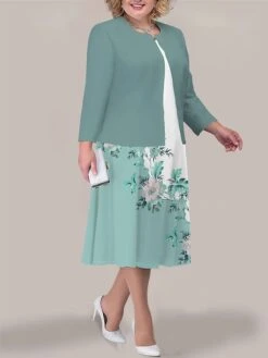 Women's Plus Size Curve Two Piece Dress Set Casual Dress Print Dress Outdoor Office Fashion Streetwear Print Midi Dress Crew Neck Long Sleeve Floral Black Light Green Blue Fall Winter L XL XXL -HAYz Clothing Shop jlikrm1693295635512