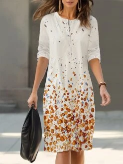 Women's Shirt Dress Casual Dress Cotton Linen Dress Midi Dress Polyester Fashion Casual Daily Outdoor Daily Vacation Crew Neck Button Print 3/4 Length Sleeve Spring Fall Autumn 2023 Loose Fit Yellow -HAYz Clothing Shop jlkftj1693365782920