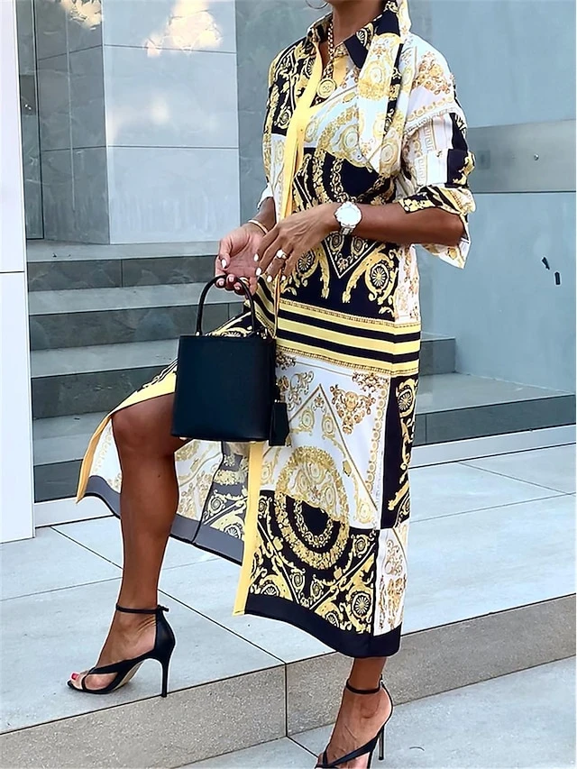 Women's Shirt Dress Casual Dress Maxi Long Dress Outdoor Daily Vacation Polyester Vintage Retro Shirt Collar Button Print Long Sleeve Fall Winter 2023 Loose Fit Yellow Color Block Tribal Ethnic S M L 4 Women's Shirt Dress Casual Dress Maxi Long Dress Outdoor Daily Vacation Polyester Vintage Retro Shirt Collar Button Print Long Sleeve Fall Winter 2023 Loose Fit Yellow Color Block Tribal Ethnic S M L - Image 4