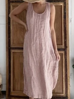 Women's Casual Dress Cotton Linen Dress Shift Dress Midi Dress Bamboo Modern Casual Daily U Neck Ruched Sleeveless Summer Spring 2023 Regular Fit Black White Pink Pure Color S M L XL 2XL -HAYz Clothing Shop jlueko1682564079107