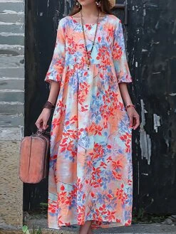 Women's Casual Dress Cotton Linen Dress Swing Dress Midi Dress Linen / Cotton Blend Sweet Style Modern Outdoor Daily Holiday Crew Neck Print 3/4 Length Sleeve Fall Winter Autumn 2023 Loose Fit Yellow -HAYz Clothing Shop jmbzjt1693553152847