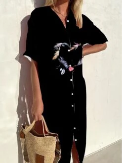 Women's Shirt Dress Mini Dress Office Daily Date Polyester Modern Casual Shirt Collar Button Print Half Sleeve Summer Spring Fall 2023 Loose Fit Black And White Black Dark Gray Graphic S M L XL 2XL -HAYz Clothing Shop jmiaon1693991196008