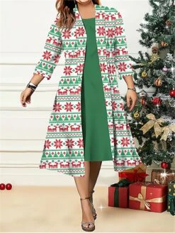 Women's Plus Size Two Piece Dress Set Casual Dress Swing Dress Outdoor Office Fashion Streetwear Print Midi Dress Crew Neck 3/4 Length Sleeve Geometric Deer Regular Fit White Wine Red Fall Winter L -HAYz Clothing Shop jmlimo1696907469164