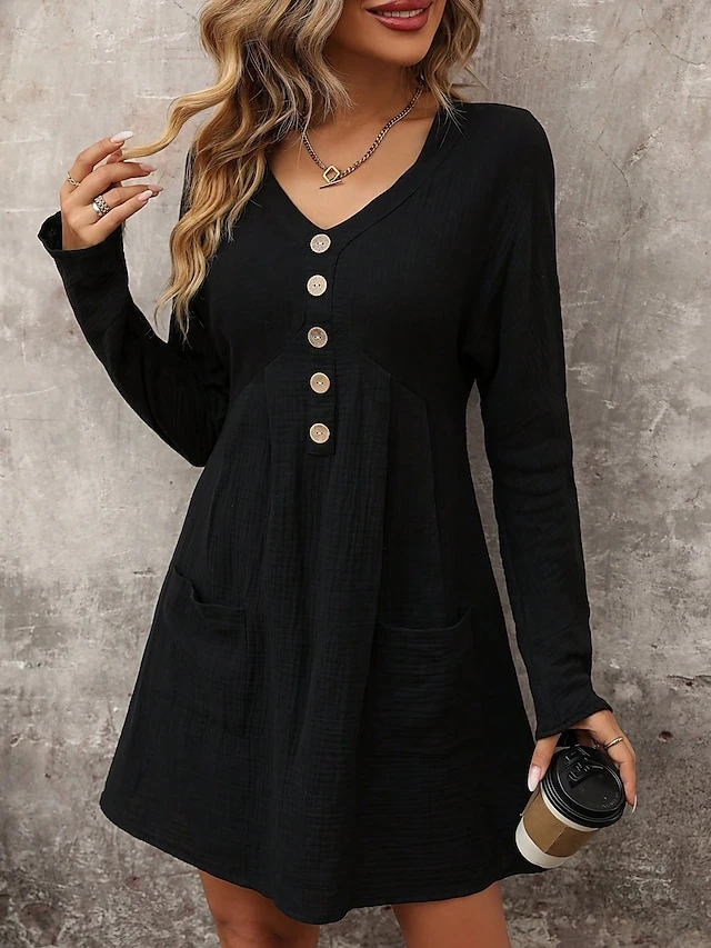 Women's Cotton Linen Dress Mini Dress Cotton Modern Style Casual Work Daily Vacation V Neck Button Long Sleeve Fall Winter 2023 Loose Fit Black Plain S M L XL 1 Women's Cotton Linen Dress Mini Dress Cotton Modern Style Casual Work Daily Vacation V Neck Button Long Sleeve Fall Winter 2023 Loose Fit Black Plain S M L XL