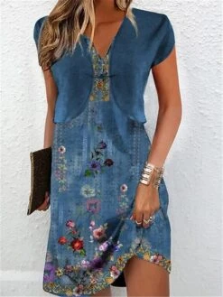 Women's Two Piece Dress Set Casual Dress Tank Dress Outdoor Daily Active Fashion Print Midi Dress V Neck Short Sleeve Floral Regular Fit Blue Summer Spring S M L XL XXL