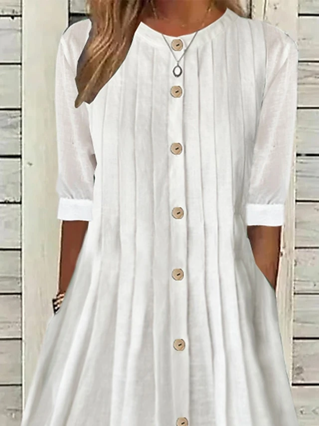 Women's Cotton Linen Dress Swing Dress Midi Dress Cotton And Linen Fashion Modern Daily Vacation Crew Neck Pleated Button Half Sleeve Summer Spring 2023 Regular Fit White Pink Blue Pure Color S M L 6 Women's Cotton Linen Dress Swing Dress Midi Dress Cotton And Linen Fashion Modern Daily Vacation Crew Neck Pleated Button Half Sleeve Summer Spring 2023 Regular Fit White Pink Blue Pure Color S M L - Image 6