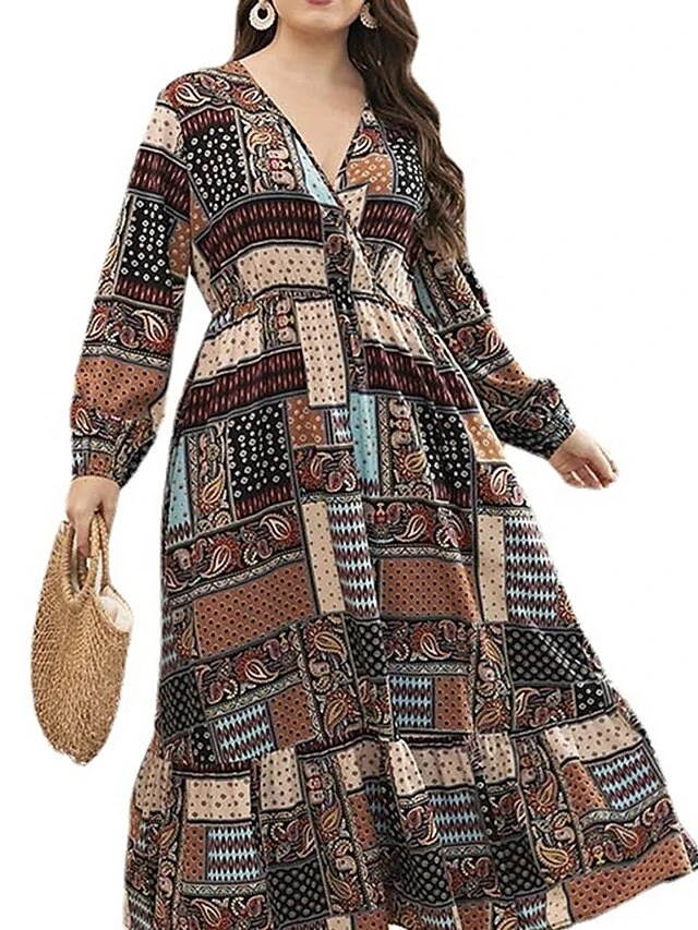 Women's Plus Size Curve Work Dress Swing Dress Semi Formal Dress Fashion Long Dress Maxi Dress Print V Neck Long Sleeve Geometric Paisley Regular Fit Khaki Fall Winter L XL XXL 3XL 4XL 5 Women's Plus Size Curve Work Dress Swing Dress Semi Formal Dress Fashion Long Dress Maxi Dress Print V Neck Long Sleeve Geometric Paisley Regular Fit Khaki Fall Winter L XL XXL 3XL 4XL - Image 5