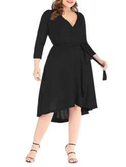 Women‘s Plus Size Curve Work Dress Semi Formal Dress Wrap Dress Fashion Midi Dress Lace Up V Neck Long Sleeve Plain Regular Fit Black Blue Spring Fall XL XXL 3XL 4XL 5XL -HAYz Clothing Shop jnbdek1691402324074
