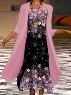 Women's Plus Size Two Piece Dress Set Casual Dress Chiffon Dress Outdoor Office Fashion Streetwear Print Midi Dress Crew Neck 3/4 Length Sleeve Floral Regular Fit Pink Fall Winter S M L XL XXL