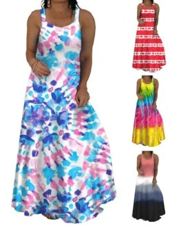 Women‘s Plus Size Curve Casual Dress Strap Dress Tie Dye Long Dress Maxi Dress Sleeveless Print Strap Fashion Outdoor Yellow Red Summer Spring L XL XXL 3XL 4XL