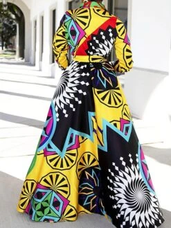 Women's Shirt Dress Casual Dress Sheath Dress Maxi Long Dress Outdoor Daily Vacation Polyester Fashion Casual Shirt Collar Lace Up Button Long Sleeve Fall Winter 2023 Loose Fit Yellow Geometric S M L -HAYz Clothing Shop jnmgzt1697526306422