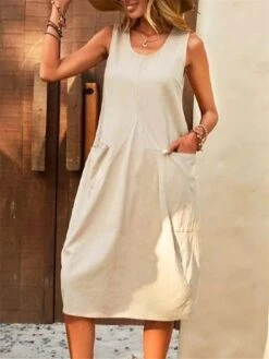 Women's Casual Dress Cotton Linen Dress Tank Dress Midi Dress Cotton Blend Basic Classic Outdoor Daily U Neck Pocket Sleeveless Summer Spring 2023 Loose Fit Navy Blue Blue Brown Plain S M L XL 2XL -HAYz Clothing Shop jnpwic1689916780426