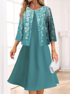 Women's Two Piece Dress Set Casual Dress Swing Dress Outdoor Office Fashion Streetwear Print Midi Dress Crew Neck 3/4 Length Sleeve Floral Regular Fit Wine Navy Blue Blue Spring Fall S M L XL XXL