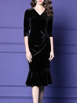 Women's Plus Size Curve Party Dress Velvet Dress Winter Dress Solid Color Midi Dress Long Sleeve Ruched V Neck Fashion Party Black Wine Fall Winter L XL XXL 3XL 4XL -HAYz Clothing Shop jnuppq1694576152546