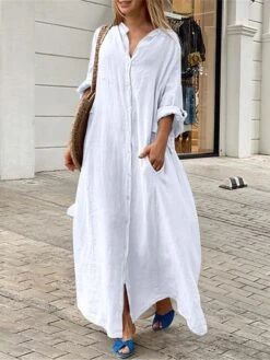 Women's Shirt Dress Casual Dress Cotton Linen Dress Maxi Long Dress Linen / Cotton Blend Basic Classic Outdoor Daily Vacation Shirt Collar Button Pocket 3/4 Length Sleeve Summer Spring Fall 2023 -HAYz Clothing Shop jnwldx1692084277795