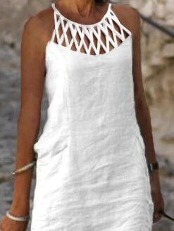 Women's Casual Dress Cotton Linen Dress Shift Dress Mini Dress Cotton Blend Modern Casual Outdoor Daily Vacation Halter Ruched Hollow Out Sleeveless Summer Spring 2023 Regular Fit Black White Blue -HAYz Clothing Shop jnzmcp1677826417578