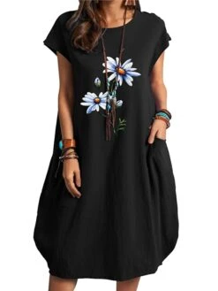 Women's Cotton Linen Dress Midi Dress Linen Cotton Blend Casual Outdoor Daily Vacation Crew Neck Pocket Rolled Cuff Short Sleeve Summer Spring 2023 Loose Fit Black White Navy Blue Floral S M L XL XXL -HAYz Clothing Shop joatzw1654165016824