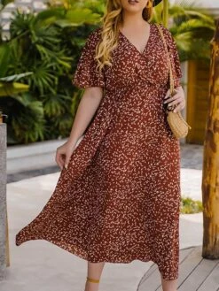 Women‘s Plus Size Curve Casual Dress Swing Dress Floral Dress Polka Dot Midi Dress Short Sleeve Print V Neck Fashion Daily Red Orange Summer Spring XL XXL 3XL 4XL -HAYz Clothing Shop jodwrn1676458006548