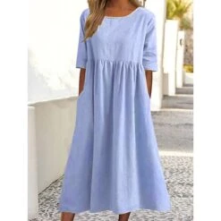 Women's Casual Dress Cotton Dress Swing Dress Midi Dress Cotton Basic Casual Outdoor Daily Crew Neck Pocket Smocked Half Sleeve Summer Spring Fall 2023 Loose Fit Light Blue Black White Pure Color S M 18 Women's Casual Dress Cotton Dress Swing Dress Midi Dress Cotton Basic Casual Outdoor Daily Crew Neck Pocket Smocked Half Sleeve Summer Spring Fall 2023 Loose Fit Light Blue Black White Pure Color S M -HAYz Clothing Shop johaia1679469853201