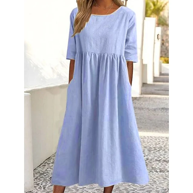 Women's Casual Dress Cotton Dress Swing Dress Midi Dress Cotton Basic Casual Outdoor Daily Crew Neck Pocket Smocked Half Sleeve Summer Spring Fall 2023 Loose Fit Light Blue Black White Pure Color S M 6 Women's Casual Dress Cotton Dress Swing Dress Midi Dress Cotton Basic Casual Outdoor Daily Crew Neck Pocket Smocked Half Sleeve Summer Spring Fall 2023 Loose Fit Light Blue Black White Pure Color S M - Image 6