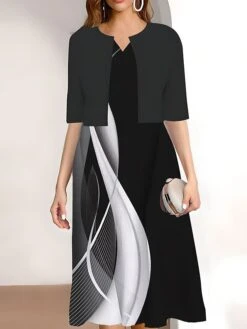 Women's Two Piece Dress Set Casual Dress Print Dress Outdoor Daily Fashion Elegant Print Midi Dress V Neck Half Sleeve Geometric Color Block Regular Fit Black Pink Blue Summer Spring S M L XL XXL