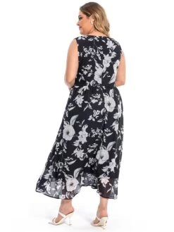 Women‘s Plus Size Curve Two Piece Dress Set Casual Dress Chiffon Dress Outdoor Daily Fashion Elegant Print Long Dress Maxi Dress V Neck Long Sleeve Floral Regular Fit Black Summer Spring -HAYz Clothing Shop joouux1694770873912