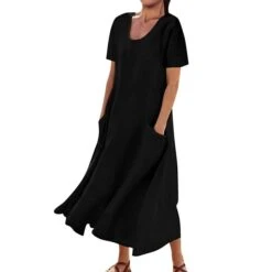 Women's Casual Dress Cotton Linen Dress Swing Dress Maxi Long Dress Linen Cotton Blend Fashion Classic Outdoor Daily Vacation Crew Neck Pocket Short Sleeve Summer Spring 2023 Loose Fit Black Pink Sky -HAYz Clothing Shop jovkwc1681376500296