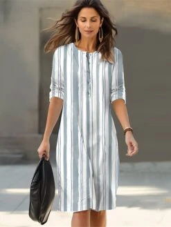 Women's Casual Dress Cotton Linen Dress Shift Dress Midi Dress Polyester Fashion Casual Daily Outdoor Daily Vacation Crew Neck Button Print 3/4 Length Sleeve Summer Spring Fall 2023 Loose Fit White -HAYz Clothing Shop jpevxz1692268473183