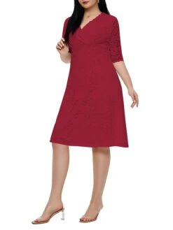 Women‘s Plus Size Curve Party Dress Lace Dress White Dress Solid Color Midi Dress Half Sleeve Lace V Neck Fashion Party White Red Summer Spring XL XXL 3XL 4XL 5XL -HAYz Clothing Shop jplpts1681204552269