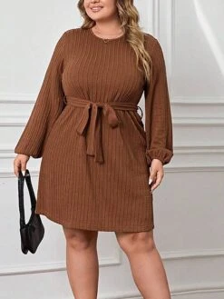 Women's Plus Size Curve Casual Dress Winter Dress Knit Dress Plain Midi Dress Long Sleeve Lace Up Crew Neck Fashion Outdoor Brown Fall Winter XL XXL 3XL -HAYz Clothing Shop jpxhtj1694586716753