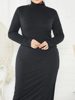 Women's Plus Size Curve Casual Dress Sweater Dress Sheath Dress Plain Midi Dress Long Sleeve Button Split Stand Collar Fashion Daily Black Wine Fall Winter XL XXL 3XL 4XL 5XL -HAYz Clothing Shop jqadfe1694151469754