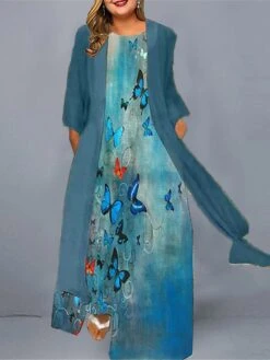 Women‘s Plus Size Curve Casual Dress Dress Set Two Piece Dress Animal Butterfly Long Dress Maxi Dress 3/4 Length Sleeve Print Crew Neck Fashion Daily Blue Green Spring Summer L XL XXL 3XL 4XL