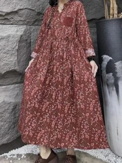 Women's Casual Dress Cotton Linen Dress Swing Dress Maxi Long Dress Linen Cotton Blend Daily Casual Outdoor Daily Vacation Split Neck Button Print Long Sleeve Spring Fall Winter 2023 Loose Fit Wine -HAYz Clothing Shop jqfnqm1695284230262