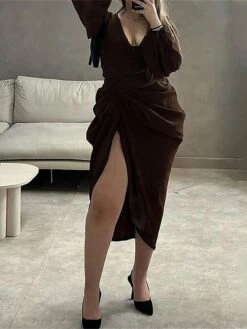 Women's Plus Size Curve Party Dress Sheath Dress Plain Midi Dress Long Sleeve Ruched Split V Neck Fashion Party Coffee Fall Winter L XL XXL 3XL 4XL -HAYz Clothing Shop jqfzbq1695024114637