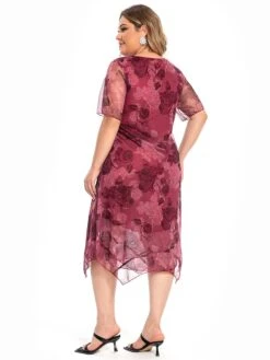 Women's Plus Size Party Dress Cocktail Dress Wedding Guest Dress Midi Dress Wine Blue Short Sleeve Floral Mesh Summer Spring Fall Crew Neck Fashion Wedding Guest Vacation Summer Dress 2023 L XL XXL -HAYz Clothing Shop jqouxd1694771289826