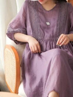 Women's Casual Dress Cotton Linen Dress Swing Dress Midi Dress Cotton Blend Basic Casual Outdoor Daily V Neck Ruched 3/4 Length Sleeve Summer Spring 2023 Loose Fit Black White Yellow Pure Color M L -HAYz Clothing Shop jrcxys1677135414452