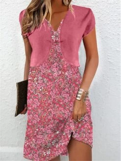 Women's Two Piece Dress Set Casual Dress Tank Dress Outdoor Daily Fashion Modern Print Mini Dress V Neck Short Sleeve Floral Regular Fit Pink Summer Spring S M L XL XXL