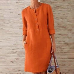 Women‘s Casual Dress Cotton Linen Dress Shift Dress Knee Length Dress Gray Khaki Orange Dark Gray Long Length Sleeve Pure Color Pocket Button Spring Summer Fall Crew Neck Basic Loose S M L XL XXL