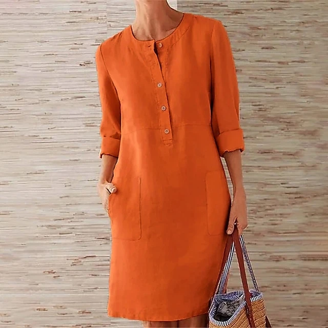 Women‘s Casual Dress Cotton Linen Dress Shift Dress Knee Length Dress Gray Khaki Orange Dark Gray Long Length Sleeve Pure Color Pocket Button Spring Summer Fall Crew Neck Basic Loose S M L XL XXL 1 Women‘s Casual Dress Cotton Linen Dress Shift Dress Knee Length Dress Gray Khaki Orange Dark Gray Long Length Sleeve Pure Color Pocket Button Spring Summer Fall Crew Neck Basic Loose S M L XL XXL