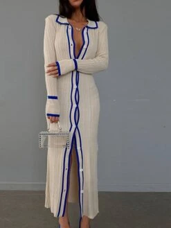 Women's Shirt Dress Casual Dress Sheath Dress Maxi Long Dress Outdoor Daily Date Polyester Basic Classic Shirt Collar Patchwork Button Long Sleeve Spring Fall Winter 2023 Slim Blue Green Rose Red Line -HAYz Clothing Shop jryjip1695353475970