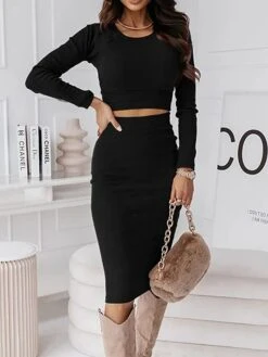 Women's Two Piece Dress Set Casual Dress Skirt Set Outdoor Daily Fashion Sexy Ribbed Midi Dress Crew Neck Long Sleeve Plain Regular Fit Black Wine Green Fall Winter S M L XL -HAYz Clothing Shop jryxji1695268228572