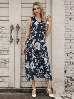 Women's Two Piece Dress Set Casual Dress Chiffon Dress Outdoor Daily Fashion Elegant Print Midi Dress V Neck Half Sleeve Floral Regular Fit Black Pink Gray Summer Spring S M L XL XXL -HAYz Clothing Shop jscawb1695873667741