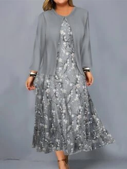 Women's Plus Size Curve Casual Dress Dress Set Two Piece Dress Floral Midi Dress Long Sleeve Print Crew Neck Mature Outdoor Blue Sky Blue Fall Winter L XL XXL 3XL 4XL -HAYz Clothing Shop jscjpt1695362712992