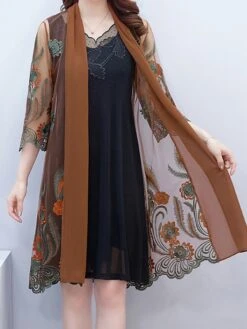 Women's Plus Size Curve Two Piece Dress Set Casual Dress Tank Dress Outdoor Daily Fashion Modern Embroidered Midi Dress Crew Neck Half Sleeve Floral Black Red Coffee Spring Fall XL XXL 3XL 4XL 5XL -HAYz Clothing Shop jsiogh1692242452490