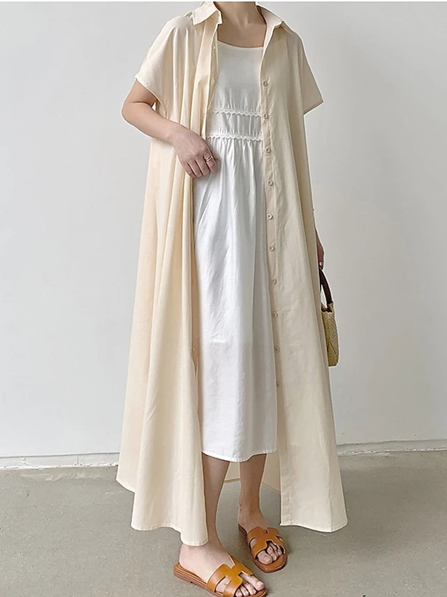 Women's Shirt Dress Casual Dress Maxi Long Dress Outdoor Daily Cotton Linen Basic Classic Shirt Collar Button Short Sleeve Summer Spring 2023 Loose Fit Navy Blue Brown Green Pure Color S M L XL XXL 11 Women's Shirt Dress Casual Dress Maxi Long Dress Outdoor Daily Cotton Linen Basic Classic Shirt Collar Button Short Sleeve Summer Spring 2023 Loose Fit Navy Blue Brown Green Pure Color S M L XL XXL - Image 11