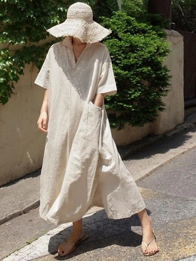 Women's Casual Dress Cotton Dress Swing Dress Cotton Blend Fashion Daily Date Vacation Weekend V Neck Baggy Short Sleeve White Navy Blue Khaki S M L XL 2XL 2 Women's Casual Dress Cotton Dress Swing Dress Cotton Blend Fashion Daily Date Vacation Weekend V Neck Baggy Short Sleeve White Navy Blue Khaki S M L XL 2XL - Image 2