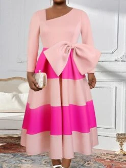 Women's Plus Size Curve Party Dress Swing Dress A Line Dress Color Block Midi Dress Long Sleeve Bow V Neck Fashion Party Pink Fall Winter XL XXL 3XL 4XL